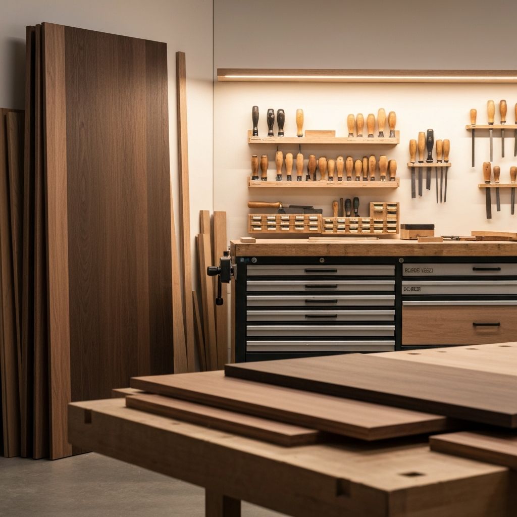 Cabinet making workshop showing timber panels and professional joinery tools